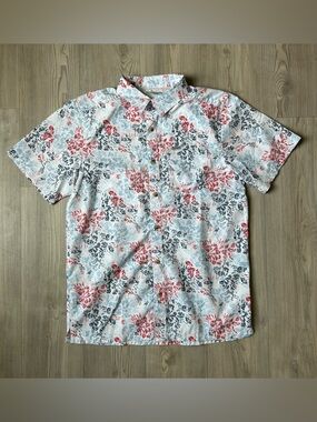 Men's White Short-Sleeve Floral Button-Down Shirt with Red & Blue Print